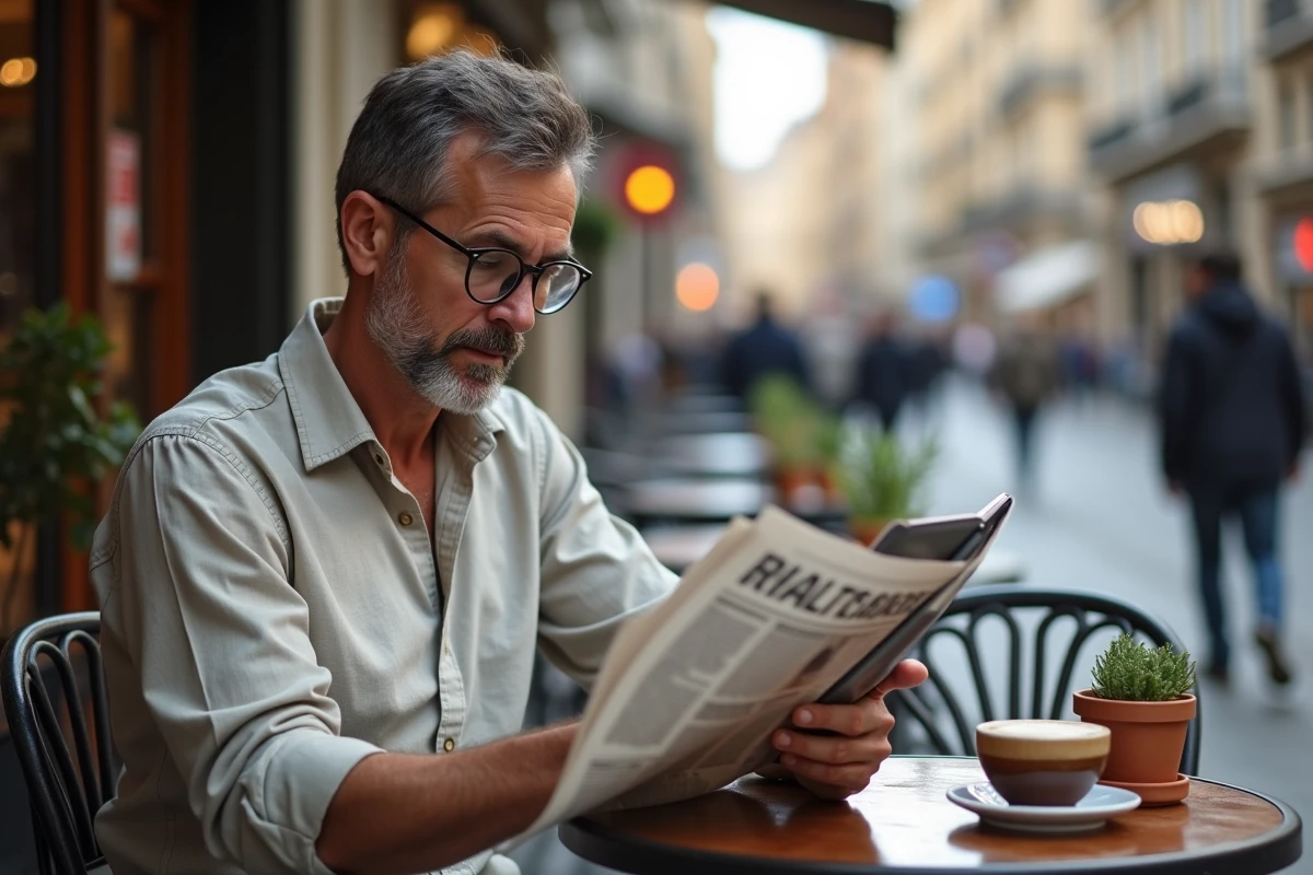 Homme d'âge moyen consultant un journal et une tablette numérique en terrasse de café face aux actualités virales et insolites de 2024