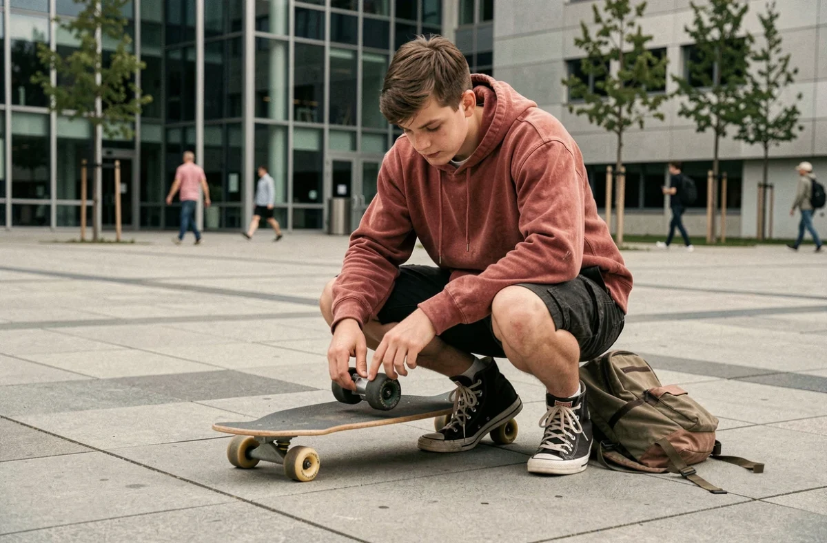 Adolescent inspectant un skateboard longboard sur une place urbaine en béton devant un bâtiment moderne