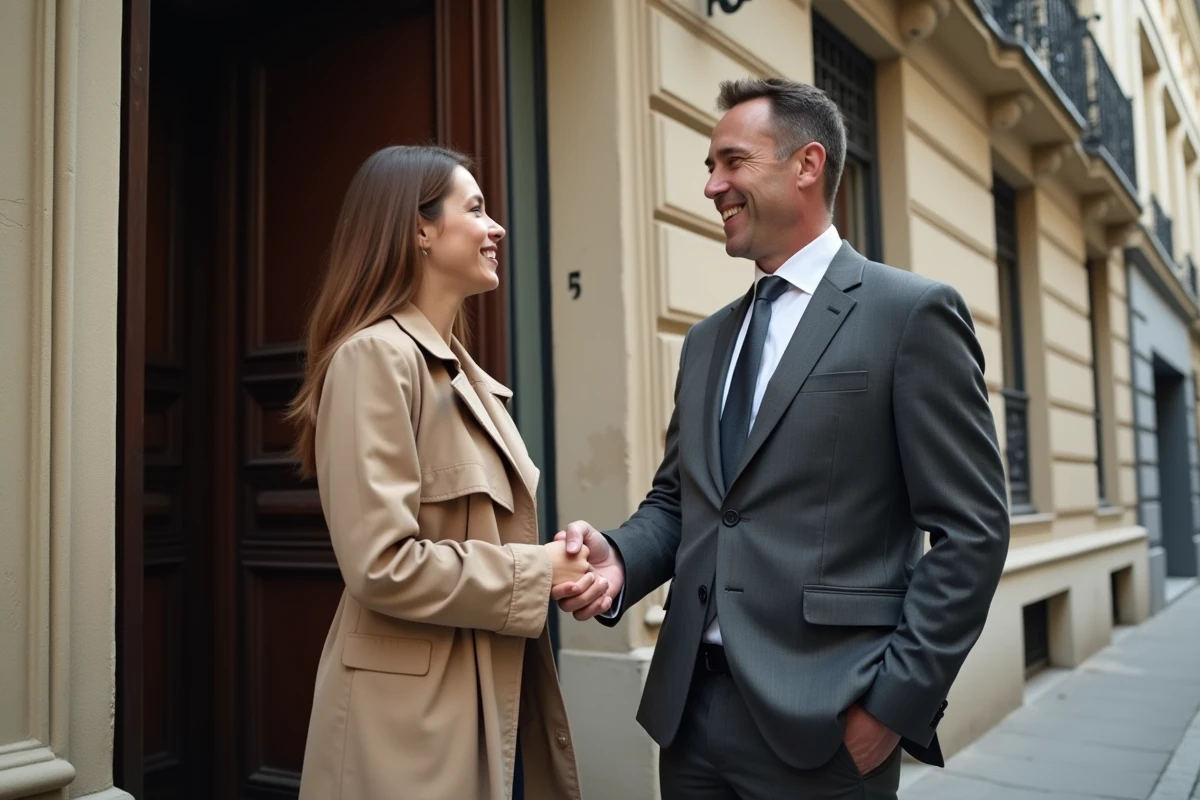 Agent immobilier remettant les clés d'un appartement à une locataire devant un immeuble haussmannien à Paris