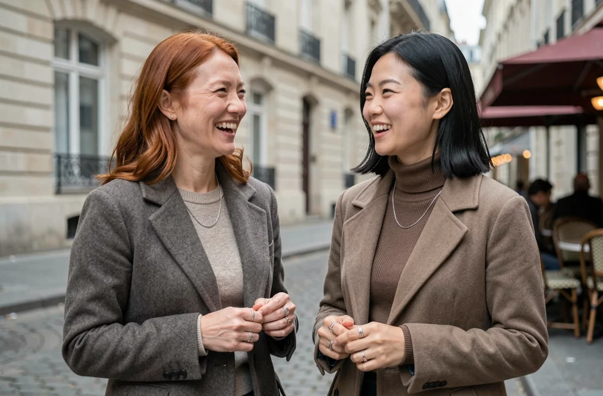 Deux amies portant des bijoux coréens dans les rues du Marais à Paris