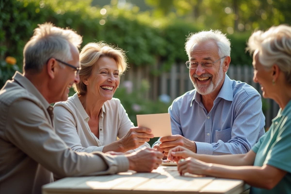 Groupe d amis riant autour d une table de jardin pour un anniversaire