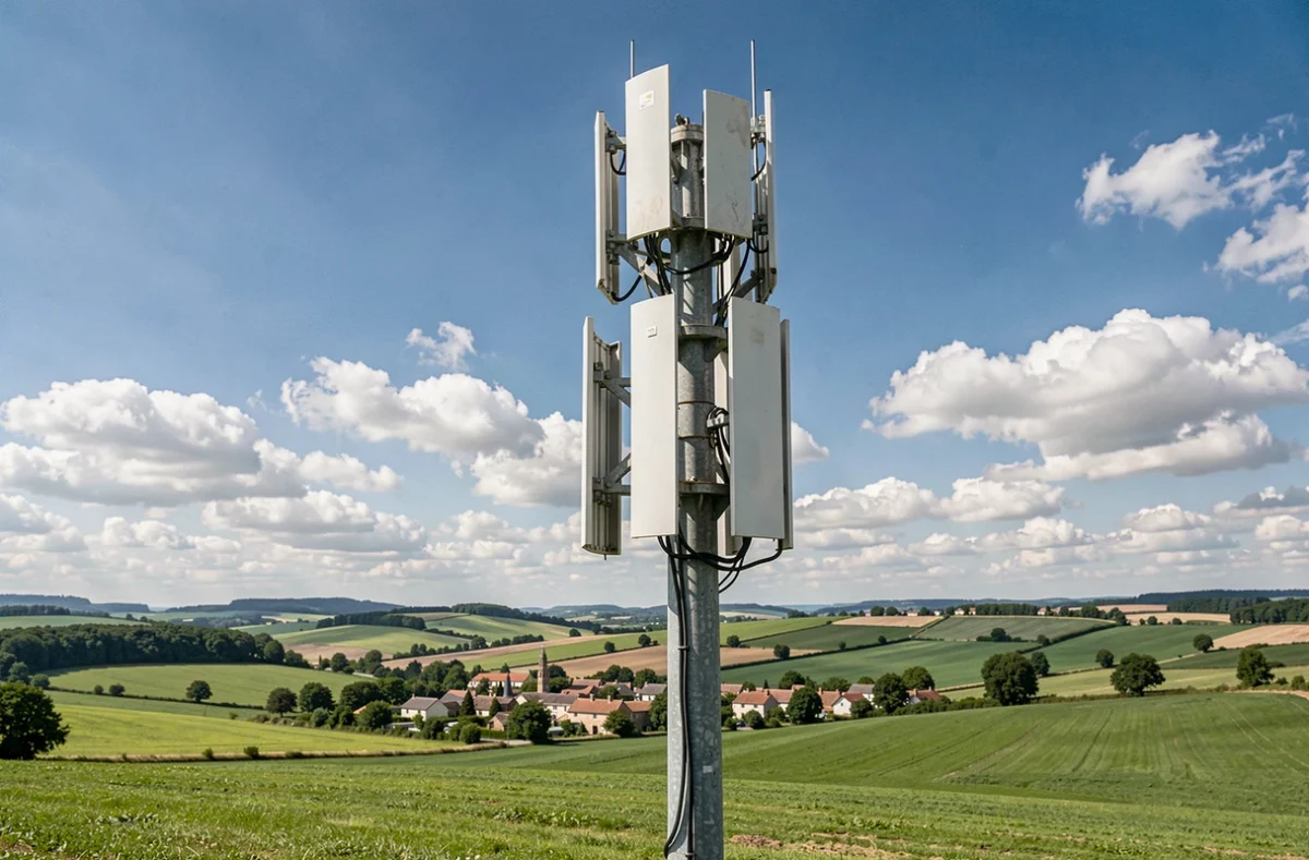 Antenne 5G installée dans un paysage rural français avec un village en arrière-plan