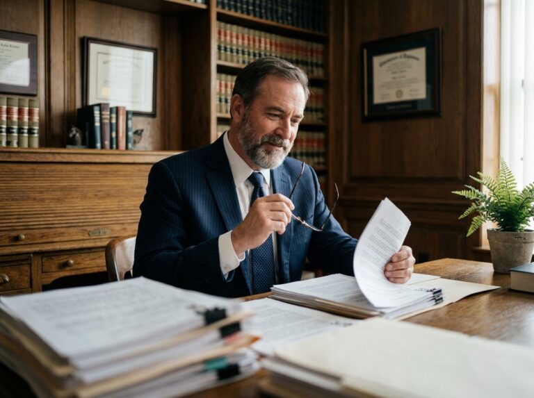 Avocat en droit des successions assis à son bureau, entouré de documents juridiques et de livres de droit, dans un cabinet professionnel