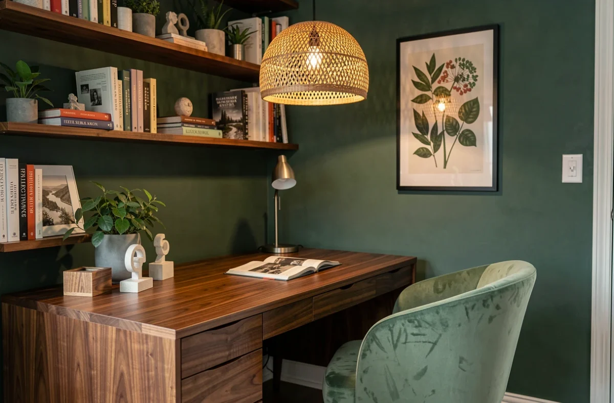 Coin bureau à domicile avec bureau en noyer, fauteuil en velours vert sauge et étagères décoratives pour un intérieur original