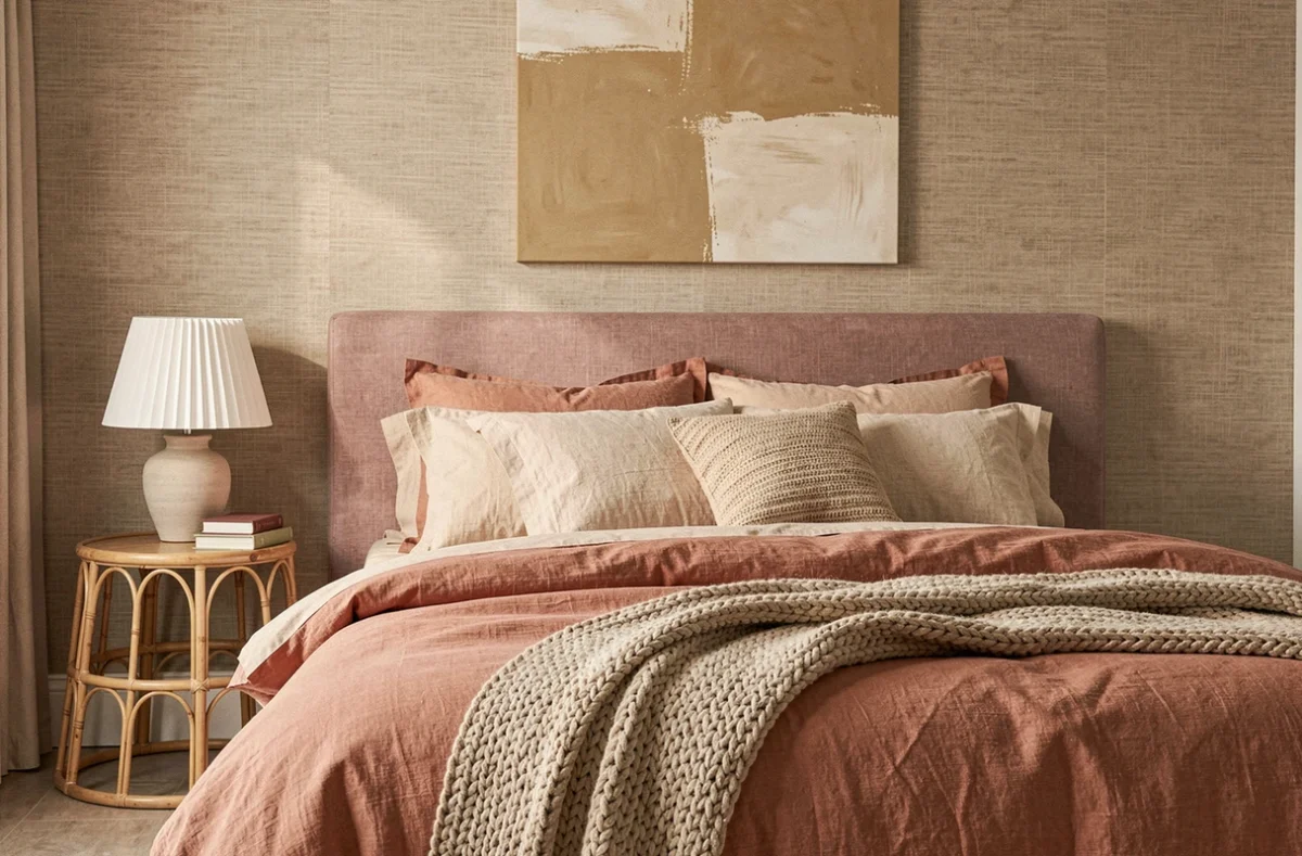 Chambre moderne avec tête de lit en lin rose poudré, literie texturée en ocre et décoration murale en papier peint naturel pour un intérieur chaleureux