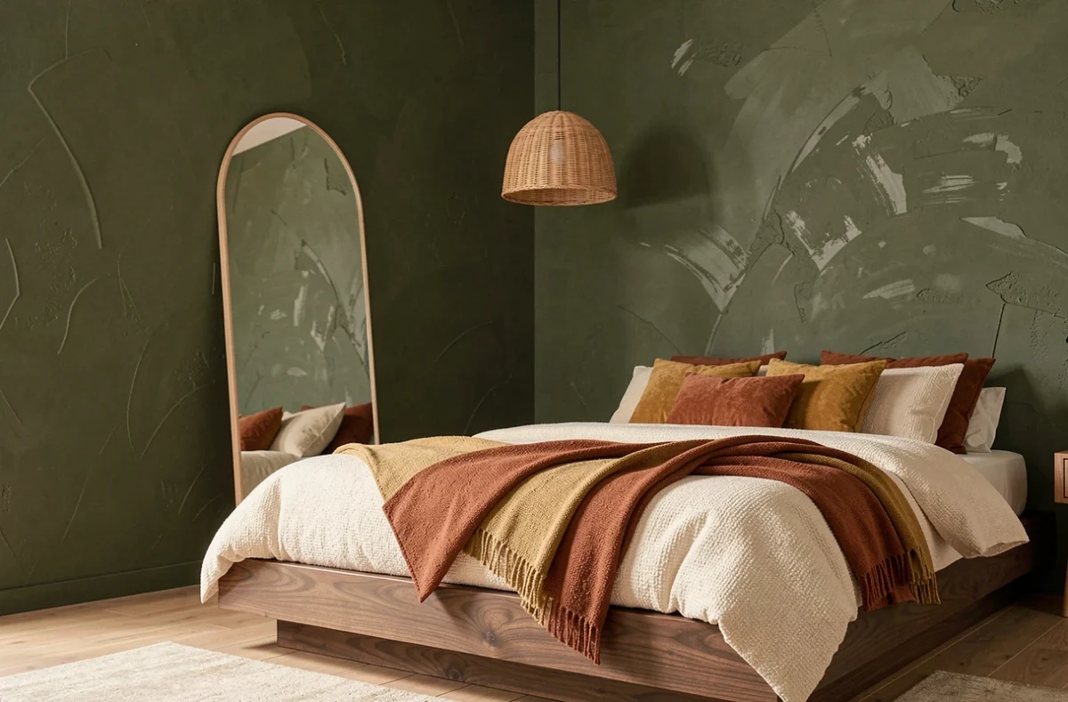 Chambre moderne tendance avec tête de lit en noyer, couette bouclette ivoire, coussins ocre et miroir arche sur mur vert olive