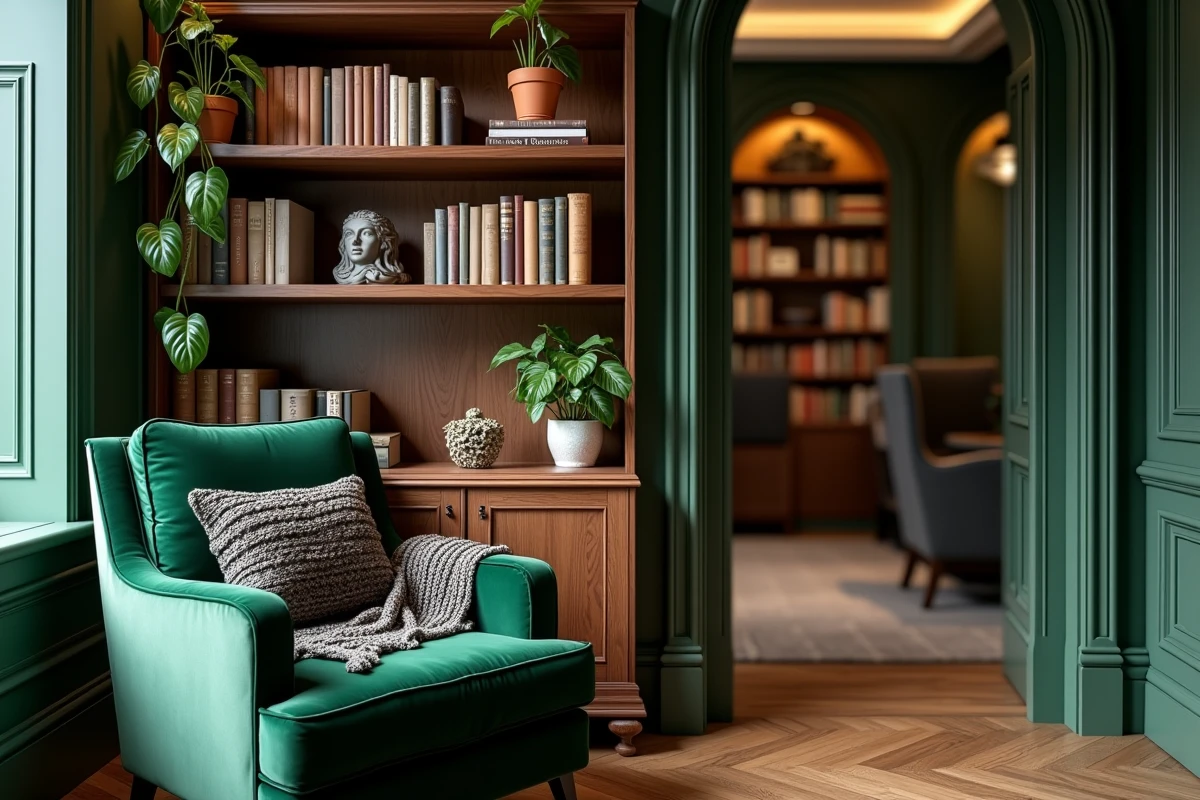 Coin lecture cosy dans appartement haussmannien avec fauteuil velours vert, bibliothèque en noyer et plantes en pot terracotta