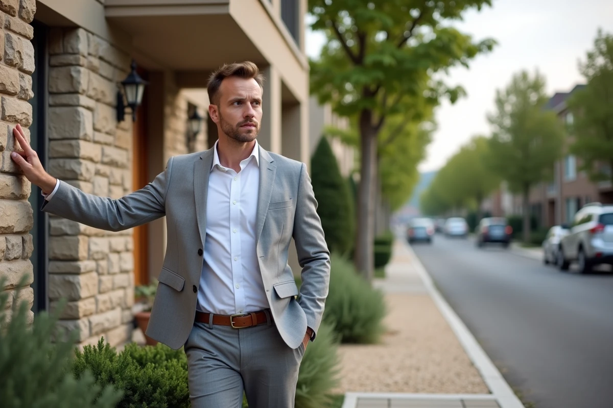 Conseiller immobilier présentant une maison résidentielle à un potentiel acheteur en extérieur