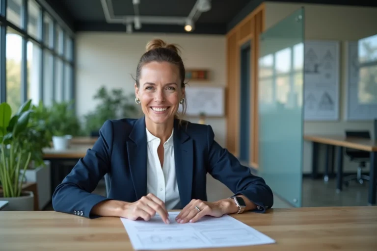 Conseillère immobilière analysant des documents de demande immobilière dans une agence moderne