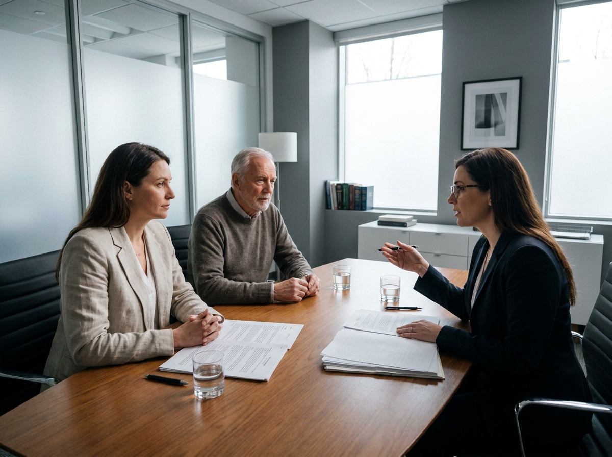Consultation entre un avocat spécialisé en successions et des clients discutant d'un dossier d'héritage autour d'une table de réunion