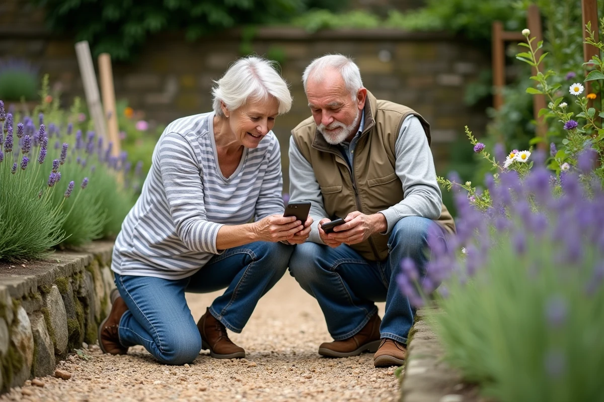 Couple de jardiniers consultant un blog de jardinage naturel ensemble dans un jardin fleuri mature