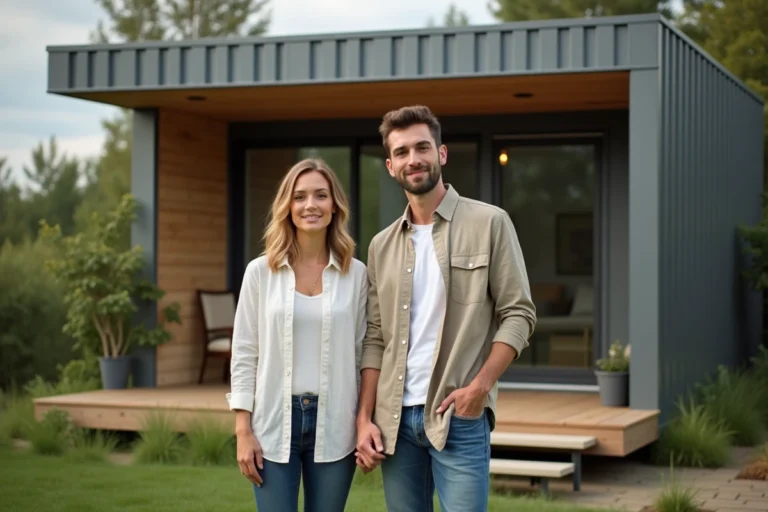 Jeune couple devant leur maison modulaire dans un jardin verdoyant