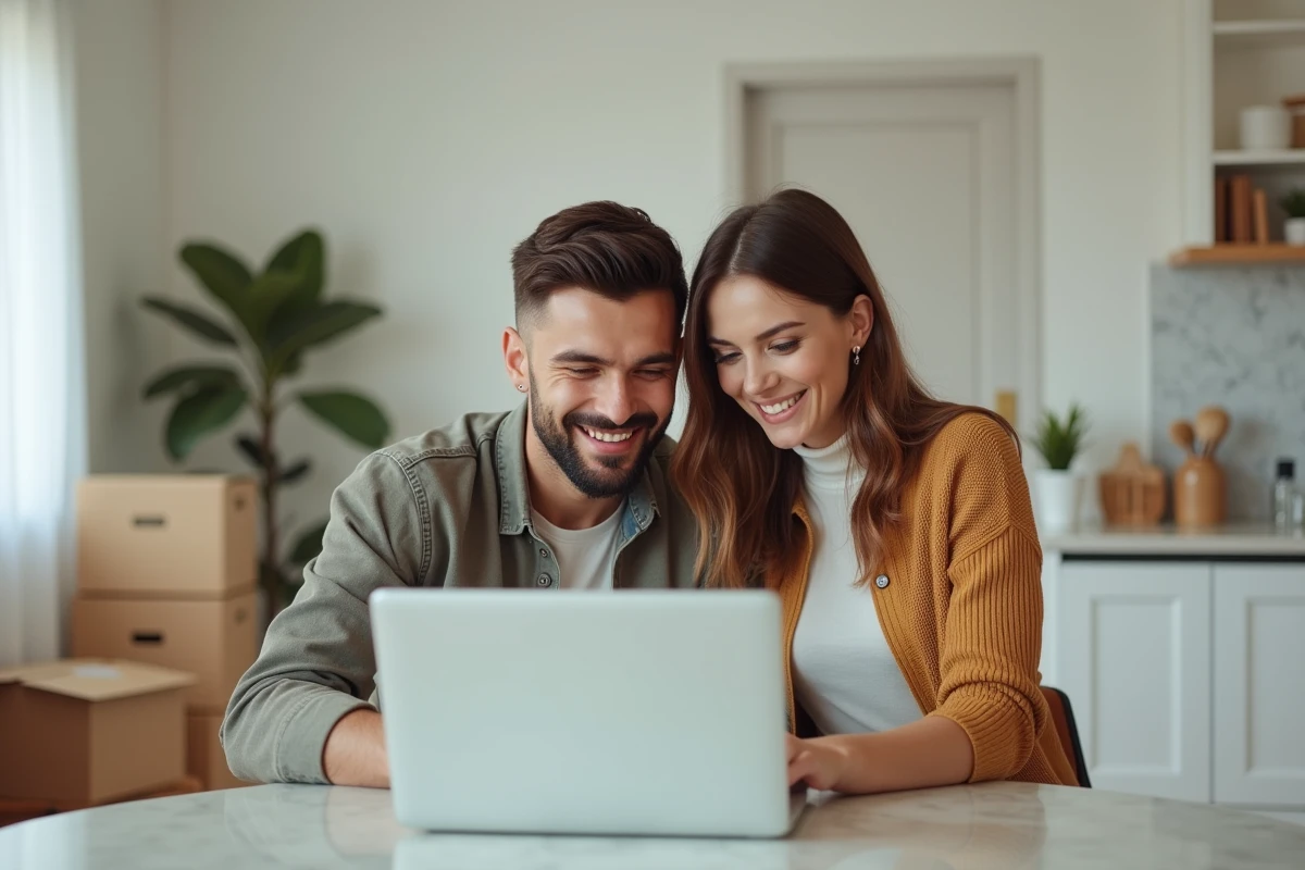 Couple recherchant des services immobiliers en ligne sur un ordinateur portable dans leur appartement