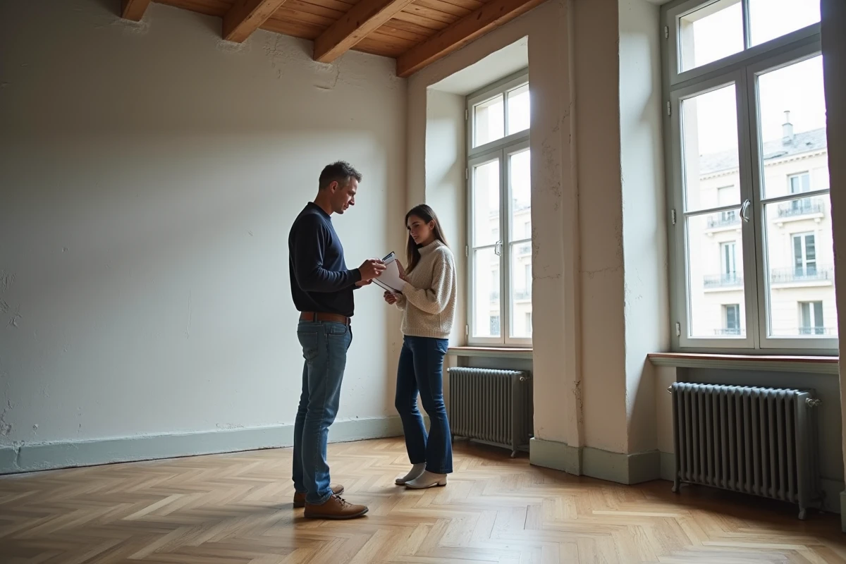 Couple en visite d'un appartement vide lors d'une location immobilière, prenant des notes sur un clipboard