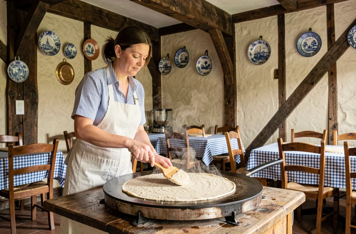Crêpière préparant des galettes de sarrasin sur un billig dans une crêperie traditionnelle bretonne à Quimper