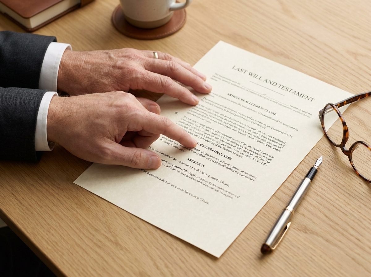 Gros plan sur les mains d'un avocat désignant une clause dans un document de succession, avec un stylo plume et des papiers juridiques sur un bureau