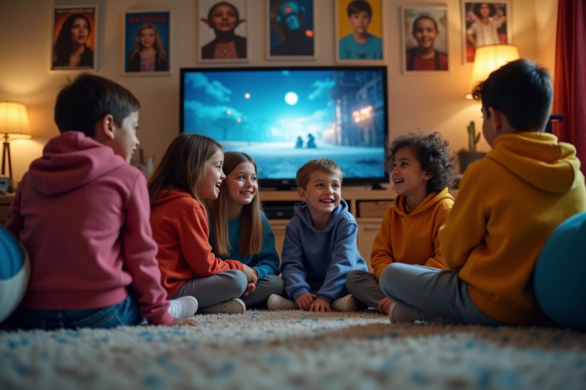 Enfants de différents ages discutant dans une salle de cinéma maison
