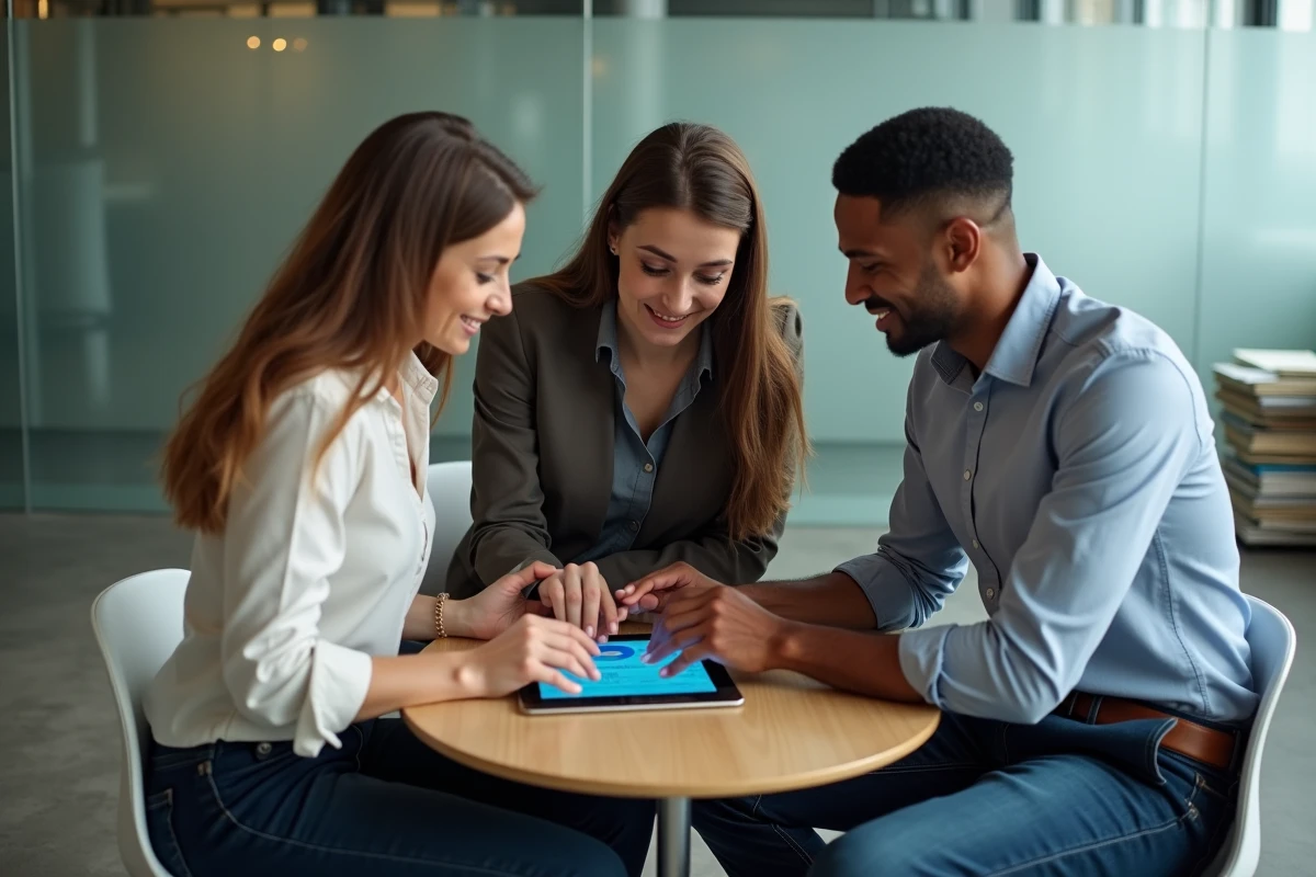 Équipe professionnelle consultant une solution de gestion administrative numérique sur tablette en réunion