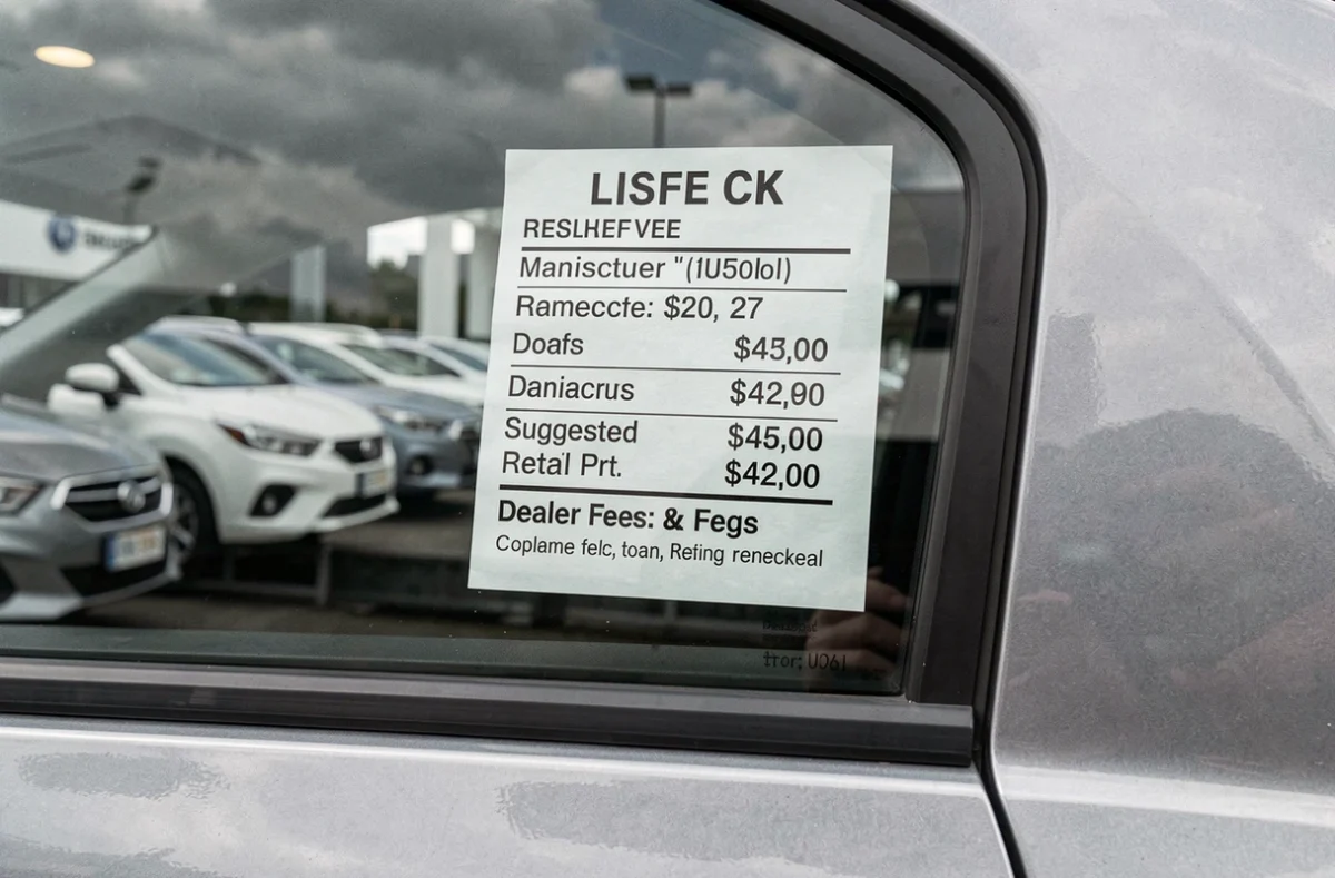 Étiquette de prix détaillée collée sur la vitre d'une voiture neuve en concession automobile