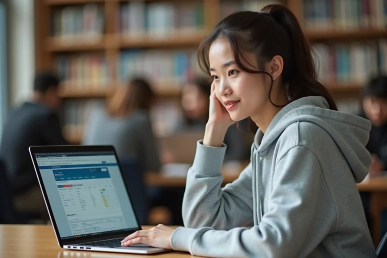 Étudiante consultant l'intranet LEO UGA sur son ordinateur portable dans une bibliothèque universitaire