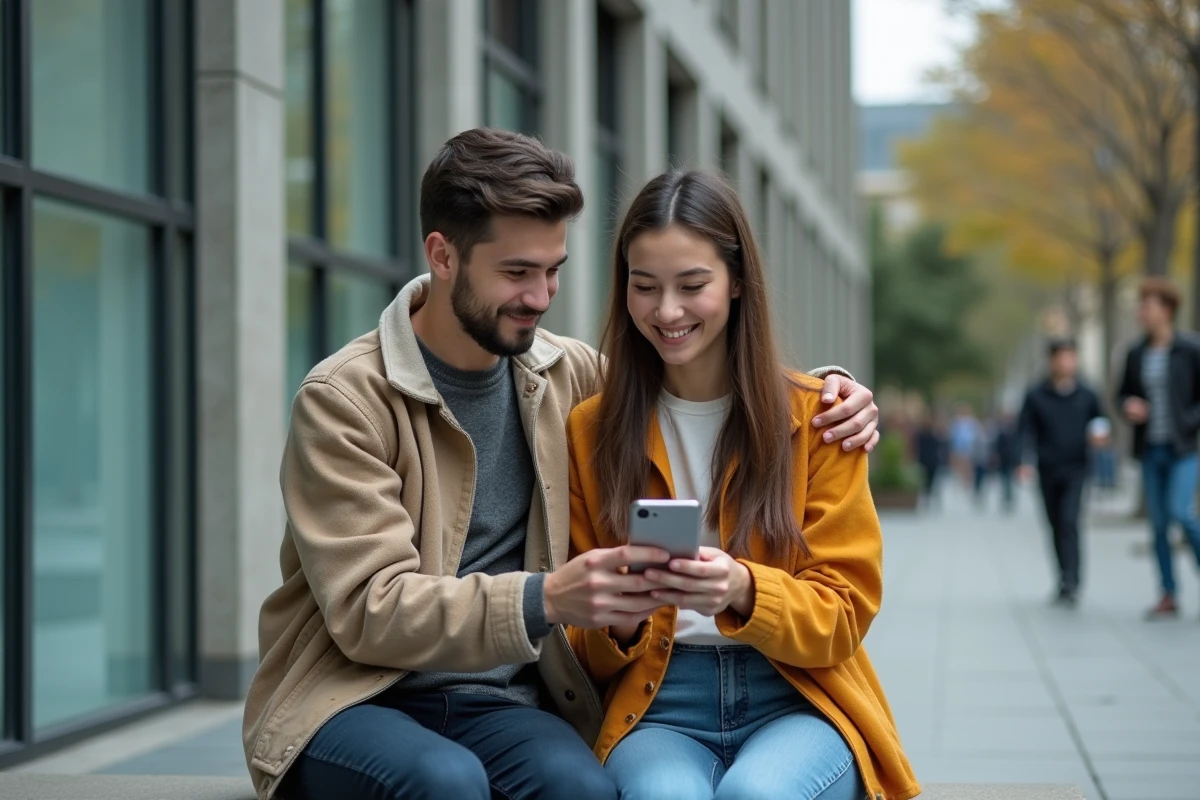 Deux étudiants consultant leurs notes sur l'intranet LEO UGA via smartphone sur le campus