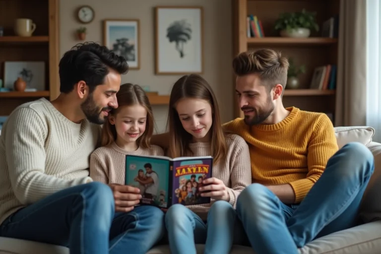 Famille de quatre discutant d un DVD dans le salon