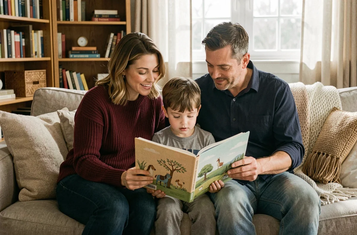 Parents et enfant lisant un livre illustré ensemble sur le canapé, symbolisant le rôle des parents dans l'éducation et l'apprentissage quotidien
