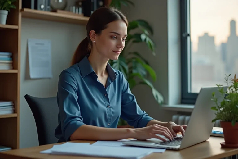 Femme concentrée travaillant sur son ordinateur dans un bureau cosy