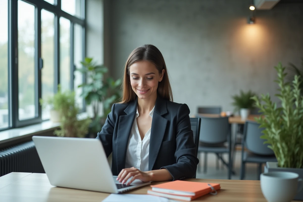 Femme professionnelle travaillant sur son ordinateur dans un bureau lumineux