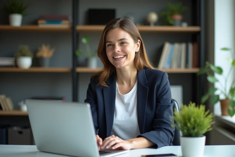 Femme confiante en bureau moderne lors d'un appel vidéo
