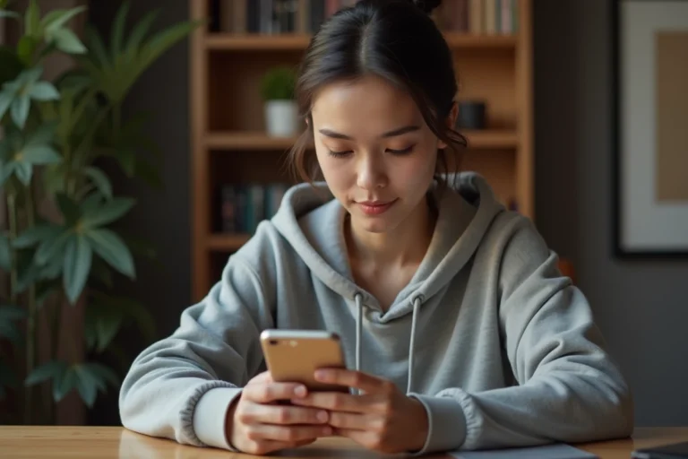 Jeune femme consultant discrètement des stories Instagram sur son smartphone depuis son bureau à domicile