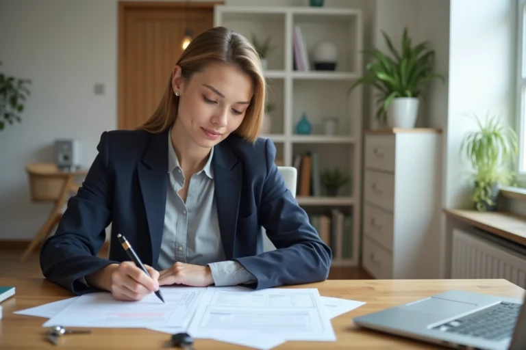 Femme examinant un contrat de location immobilière avec des clés d'appartement posées sur un bureau en bois