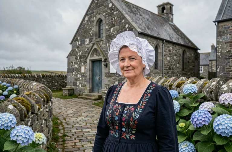 Femme bretonne en costume traditionnel avec coiffe en dentelle devant une chapelle en granit en Finistère