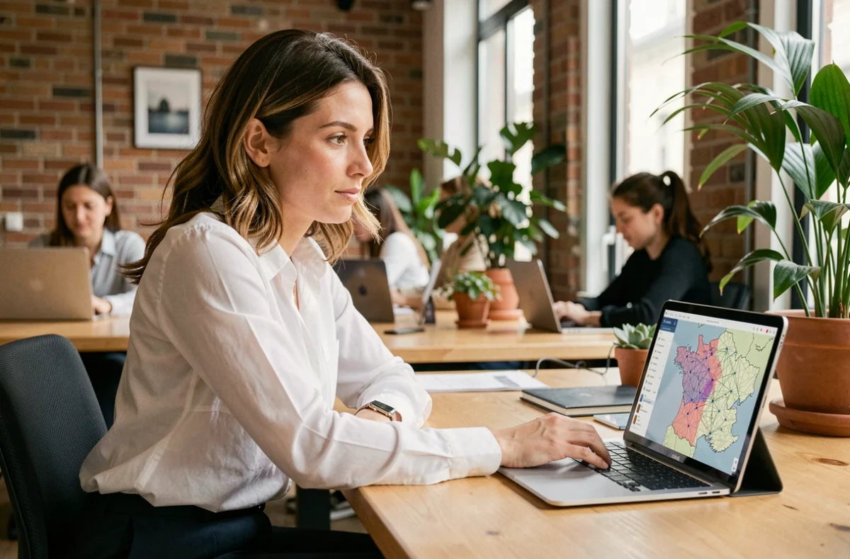 Femme comparant la couverture réseau 5G des opérateurs français sur une tablette en coworking