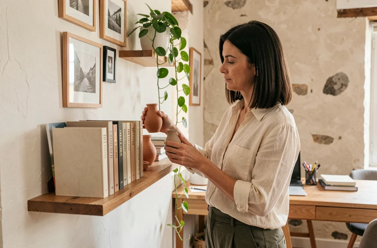 Femme arrangeant des objets décoratifs sur une étagère murale en bois dans un bureau à domicile au style chaleureux