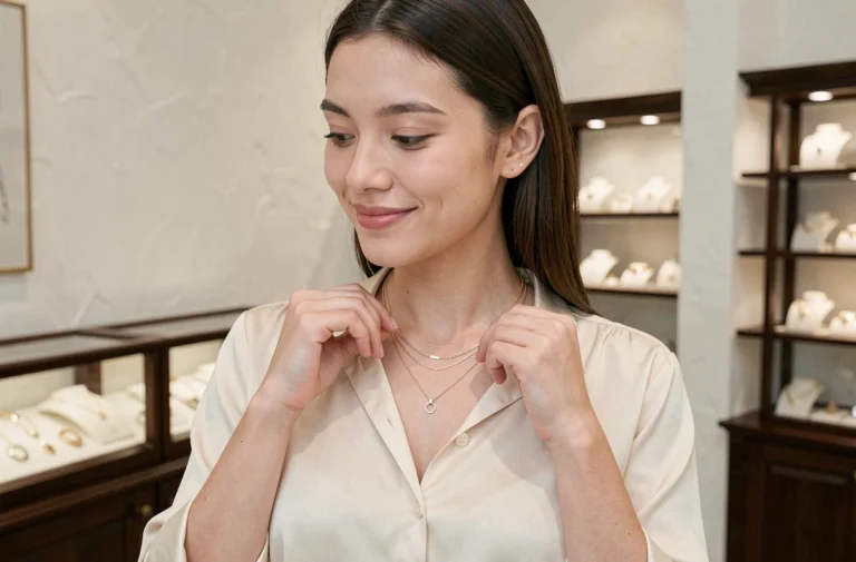 Jeune femme européenne tenant un collier coréen en or dans une boutique de bijoux parisienne