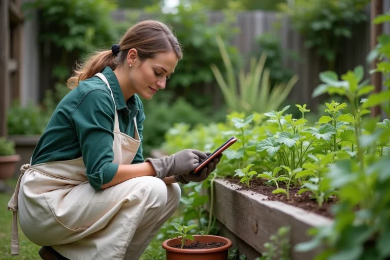 Femme jardinière consultant un blog spécialisé sur tablette dans un potager naturel surélevé