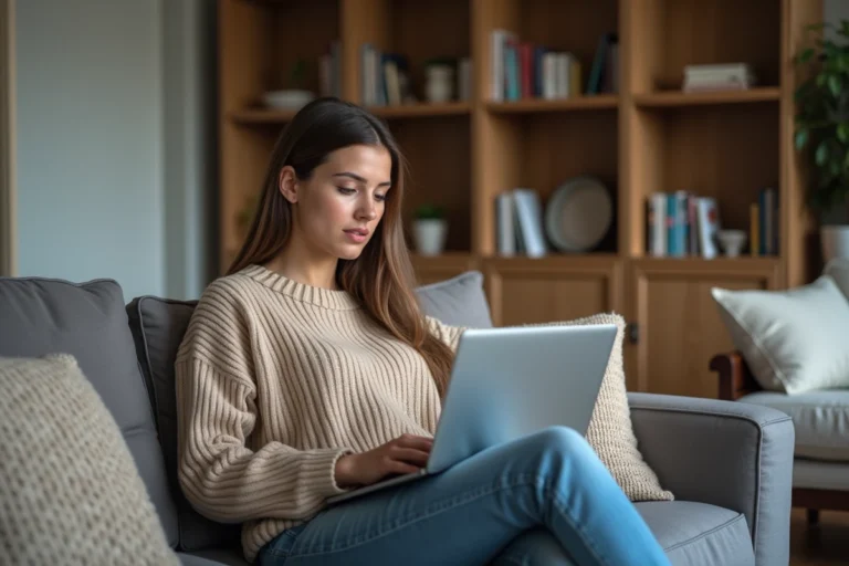 Jeune femme sur un canapé avec un ordinateur portable