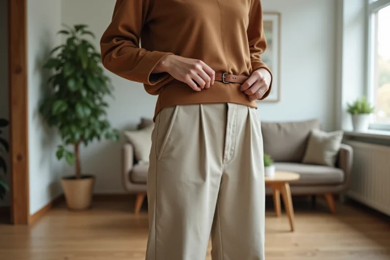 Femme élégante ajustant sa ceinture en cuir dans un salon moderne