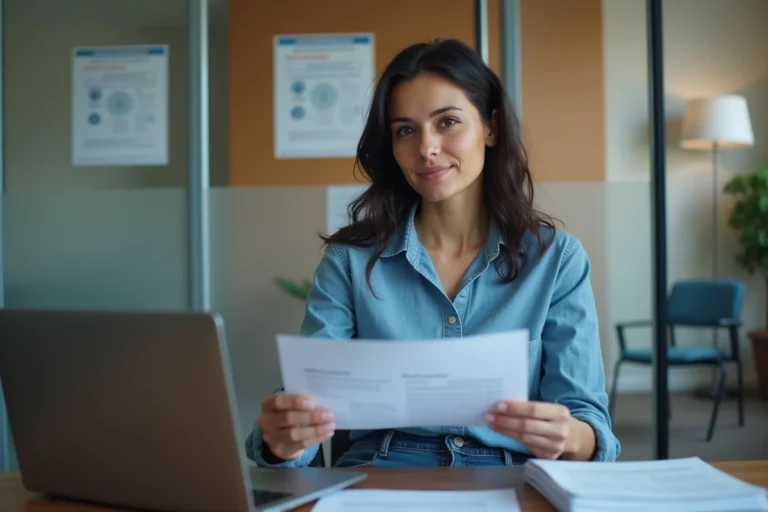 Femme au bureau avec documents et ordinateur dans une agence Pôle emploi