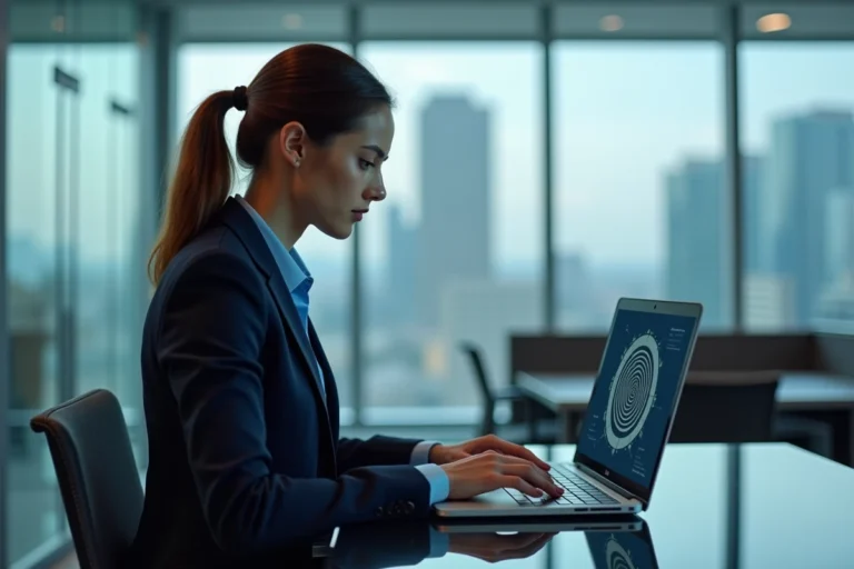 Femme d'affaires en bureau moderne avec interface digitale