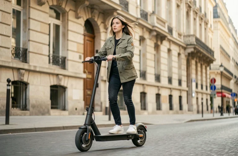 Femme en trottinette électrique sur un trottoir urbain parisien, vue en contre-plongée