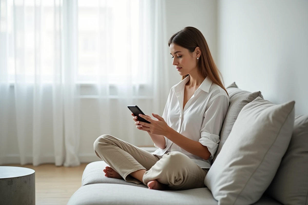 Femme regardant des stories Instagram discrètement sur son téléphone dans un salon minimaliste