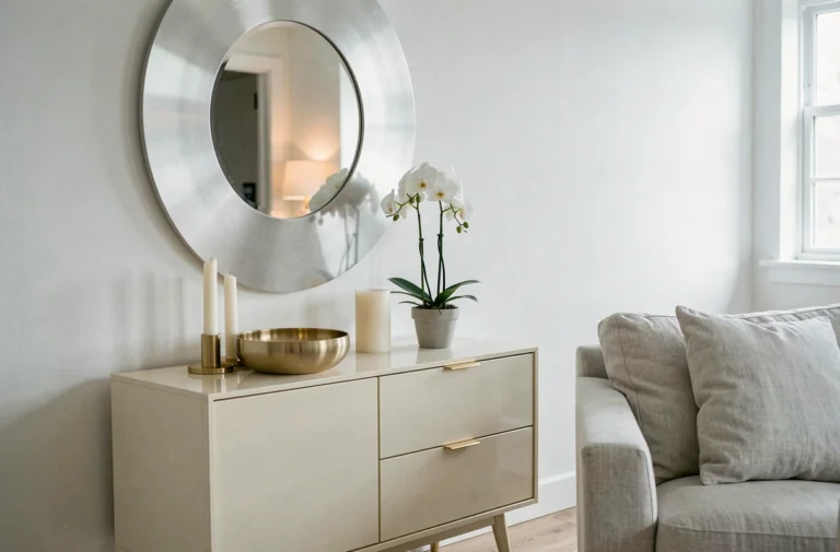 Coin salon décoré selon le Feng Shui avec des couleurs métal blanc et or pour la direction ouest