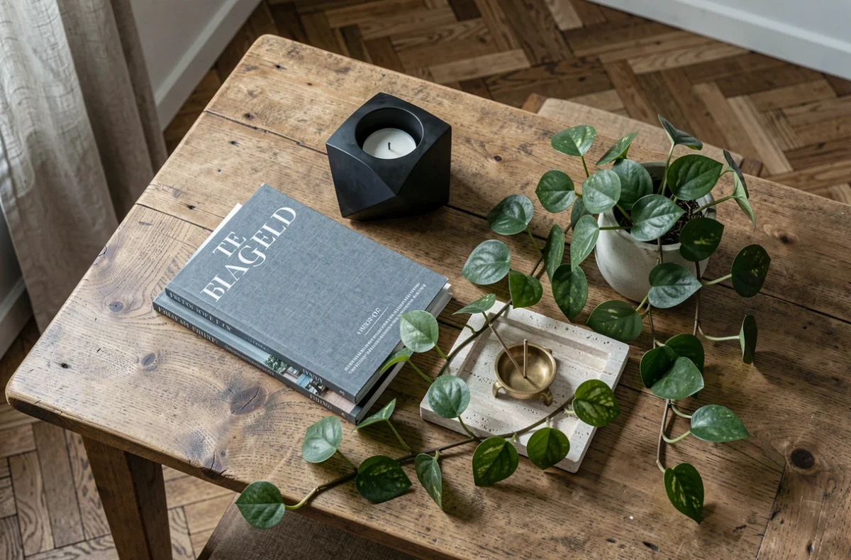 Flat lay de décoration intérieure tendance avec bougeoir géométrique noir, plateau en travertin, laiton et plante verte sur table en chêne