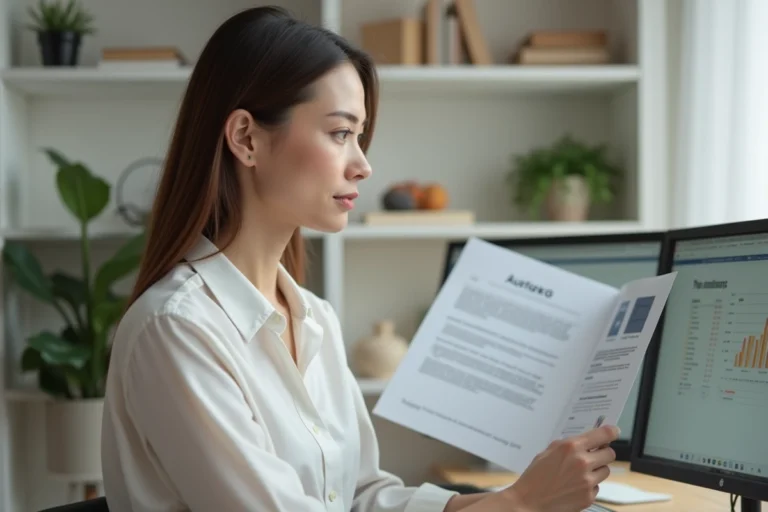 Femme utilisant un logiciel de gestion administrative en ligne depuis son bureau à domicile