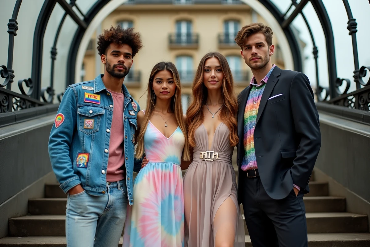 Groupe de personnes en tenues DIY pour la marche des fiertés 2026 à Paris, devant une entrée de métro Art Nouveau