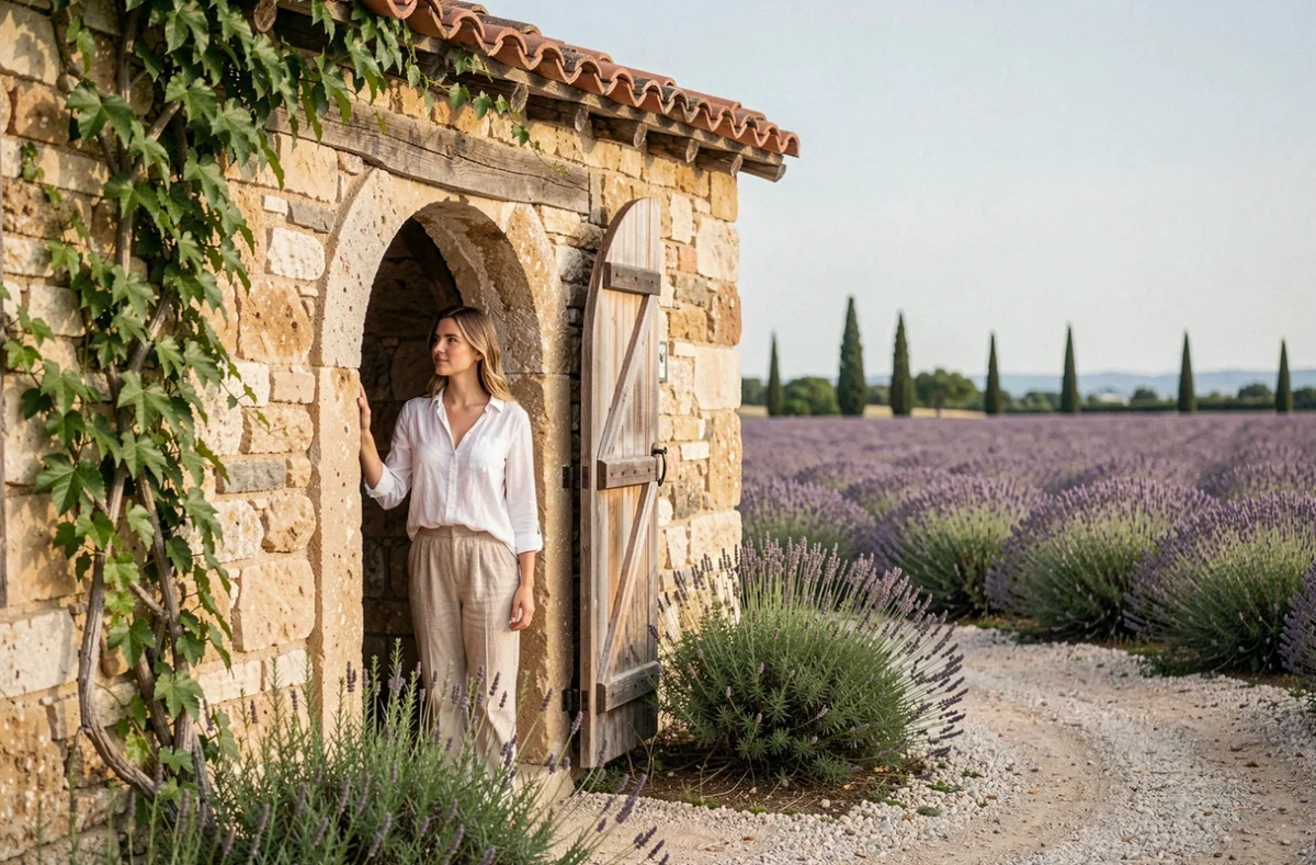 Voyageuse devant une bergerie en pierre rénovée au milieu des champs de lavande en Provence