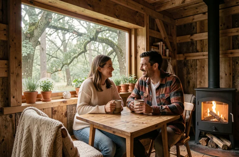 Couple profitant d'un séjour dans une cabane dans les arbres au cœur d'une forêt française