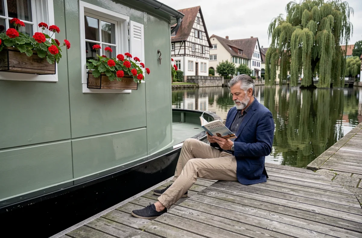 Homme lisant sur le pont d'une pénichette amarrée sur un canal alsacien entouré de maisons à colombages